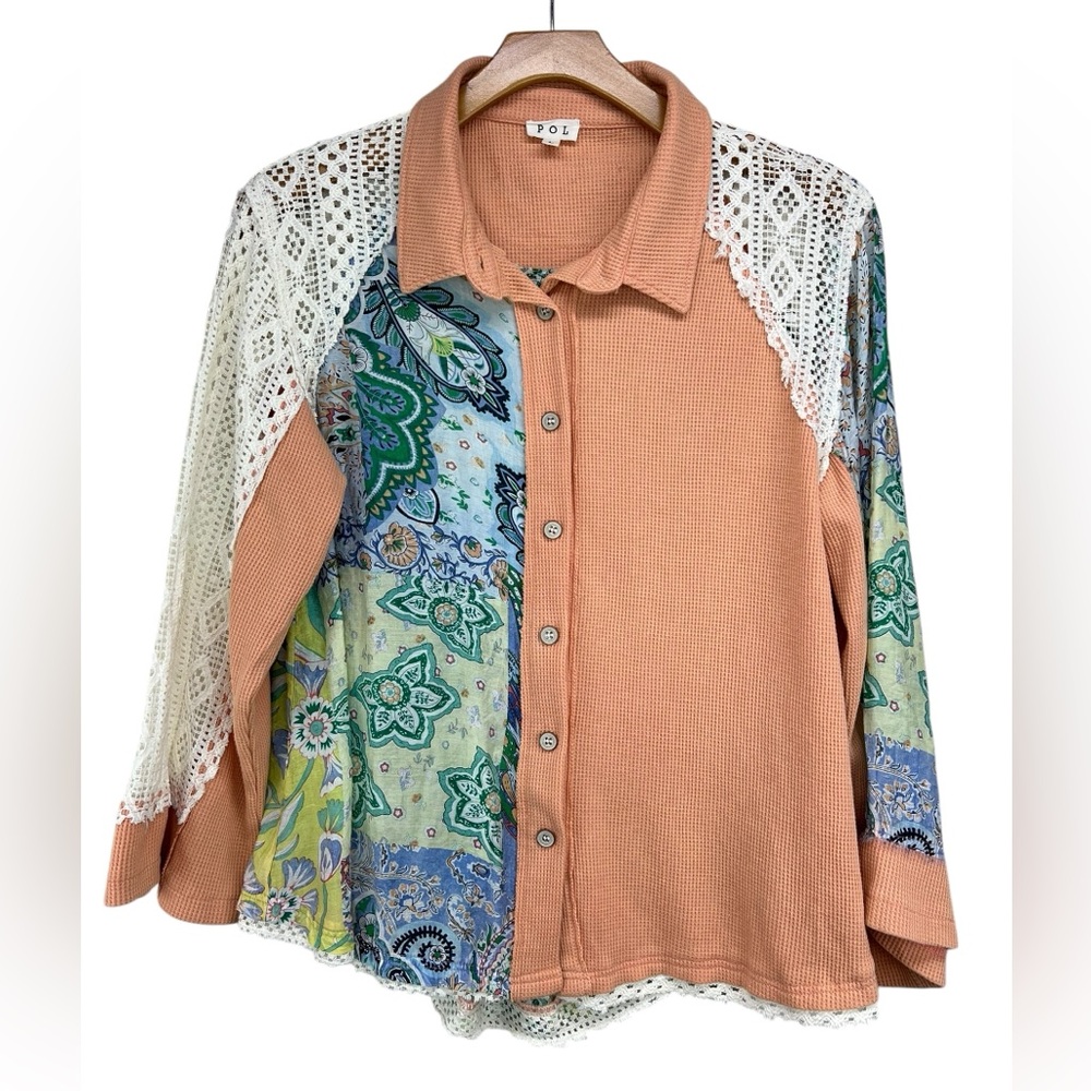 POL Multicolor Patchwork Button Down Shirt